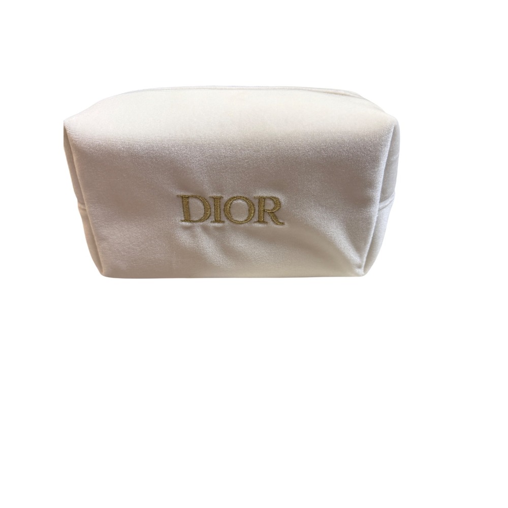 Dior Parfums White Velvet Cosmetic Pouch Gold Embroidered Logo Makeup Bag Boxed